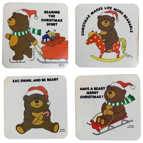 Vintage Christmas Coasters Bears Set Of 6 Winter Holiday  Decor - Picture 7 of 11